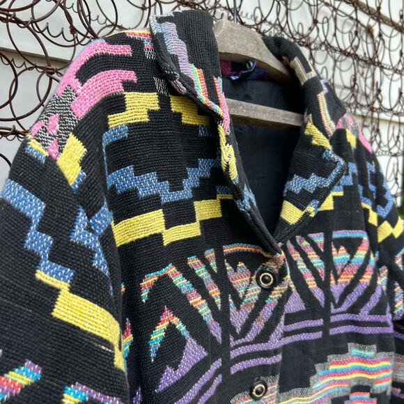 Vintage 90s ITF neon southwestern Aztec stripe woven tapestry jacket - Picture 3 of 9